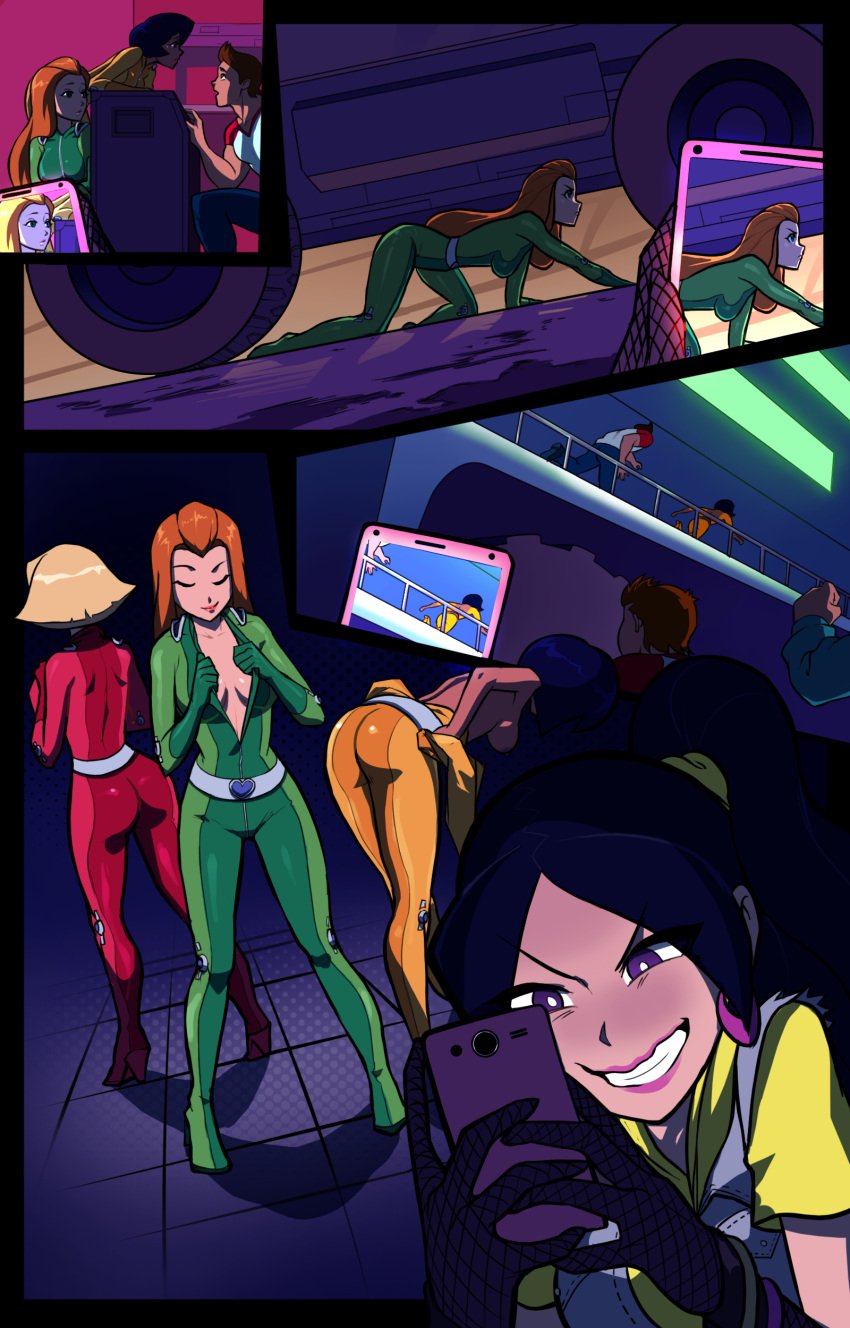 4girls alex_(totally_spies) black_hair blackmail blonde_hair blue_eyes casual clothed clothing clover_(totally_spies) comic dark-skinned_female dark_skin electronics female female_only fully_clothed futa_on_female green_eyes human kenjanoishi light-skinned_female light_skin mandy_(totally_spies) mandy_walters multiple_girls pale_skin red_hair sam_(totally_spies) totally_spies undressing