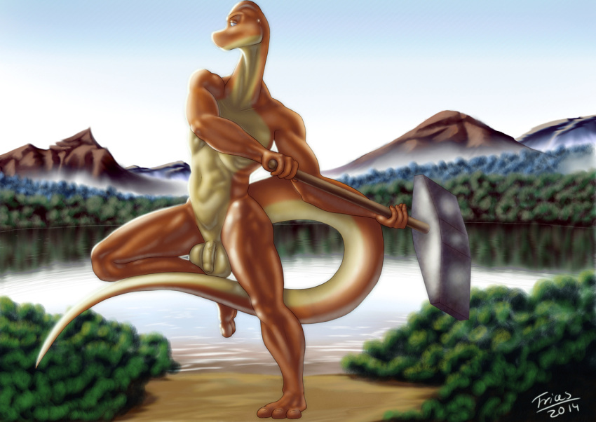 1boy 2014 andor_(trias) anthro artist_name balls big_balls brachiosaurid brachiosaurus cloud dinosaur feet fingers flaccid foreskin genitals hammer humanoid_genitalia humanoid_penis lake long_neck long_tail male male_focus male_only mountain muscular muscular_anthro muscular_male naked non-mammal_balls nude orange_body orange_scales outside penis pose reptile sauropod scalie sky solo tan_body tan_scales teal_eyes toes tools trias two_tone_body two_tone_scales water