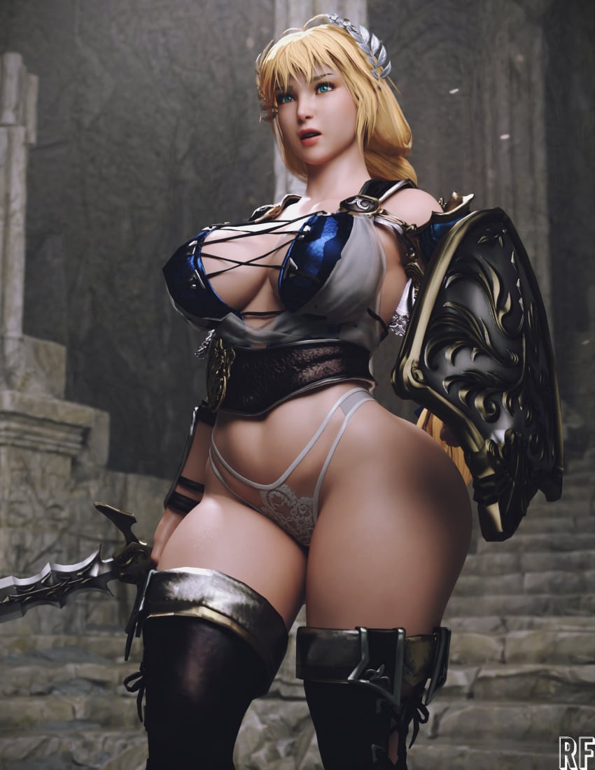 1girls 3d absurd_res artist_logo big_breasts blonde_hair blue_eyes breasts cleavage female female_only hi_res large_breasts long_hair milf panties rude_frog shield solo solo_female sophitia_alexandra soul_calibur sword thick_thighs thighhighs voluptuous