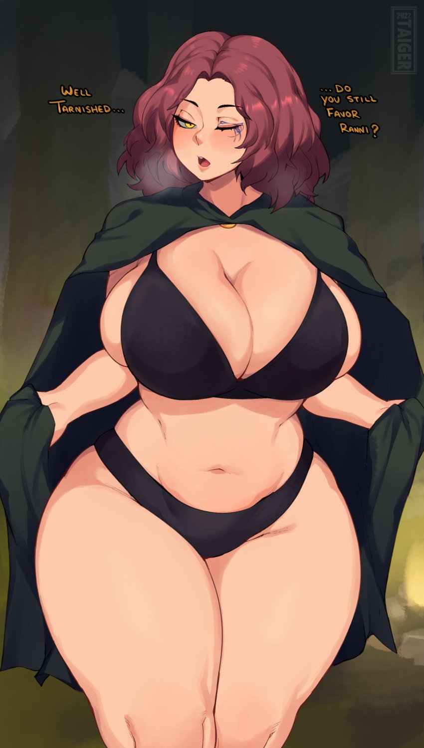 1girls 2d artist_name big_breasts bikini breasts bursting_breasts busty curvy dialogue elden_ring female female_only huge_breasts human large_breasts light-skinned_female light_skin looking_at_viewer melina_(elden_ring) navel one_eye_closed open_mouth outerwear pale-skinned_female pale_skin red_hair short_hair showing_off site_of_grace solo spilling_out steam taigerarts text thick_thighs voluptuous watermark wide_hips yellow_eyes