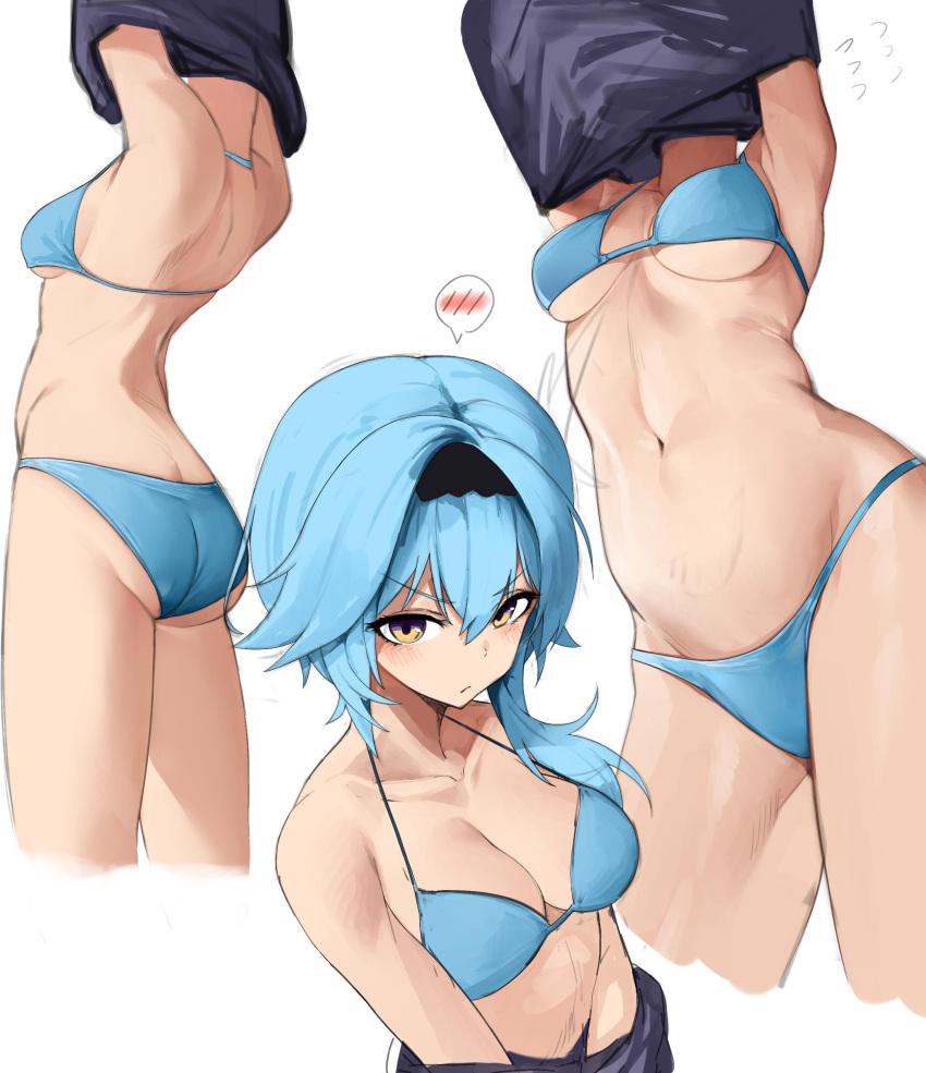 1girls 2021 absurdres armpits arms_up ass asymmetrical_hair bare_shoulders bikini black_hairband black_shirt blue_bikini blue_hair breasts cleavage collarbone doroti. eula_(genshin_impact) facing_viewer female female female_focus female_only genshin_impact hairband highres long_hair medium_breasts multiple_views purple_eyes shirt simple_background solo solo_female speech_bubble swimsuit thighs underboob undressing v-shaped_eyebrows white_background