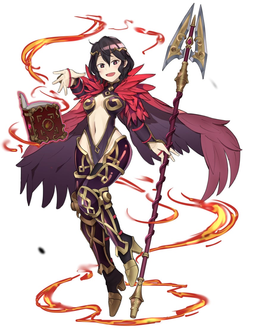 1girls absurdres alternate_costume black_hair book commentary commission ebinku english_commentary female fire fire_emblem fire_emblem_awakening fire_emblem_echoes:_shadows_of_valentia flame full_body hair_ornament harrier_(fire_emblem) high_heels highres holding holding_polearm holding_weapon long_sleeves morgan_(fire_emblem) morgan_(fire_emblem)_(female) navel open_book open_mouth polearm short_hair simple_background solo weapon white_background