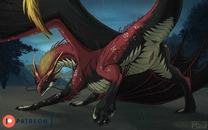 2022 anus ass claws dragon feet female female_only feral genitals hi_res horn looking_at_viewer looking_back membrane_(anatomy) membranous_wings moonski non-human nude outside paws pinup pose presenting presenting_hindquarters presenting_pussy pussy pyrrah_(the_dragon_prince) raining raised_tail scales scalie solo spread_legs spreading storm the_dragon_prince wet wings