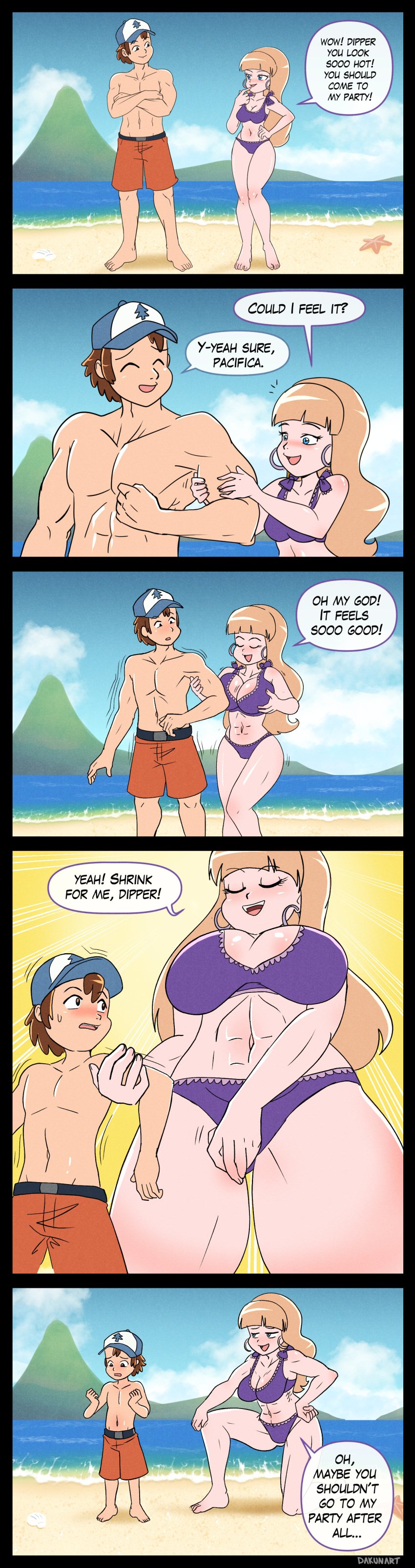 attribute_theft background beach big_breasts big_woman blonde_hair comic dakun_art dakunart dipper_pines dream gravity_falls growth mountains muscle_drain muscle_growth muscular_female pacifica_northwest sand size_difference size_theft straight_hair tagme text text_bubble water