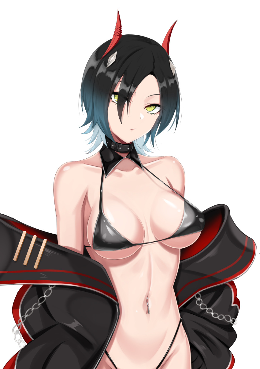 absurdres azur_lane bikini black_bikini black_coat black_hair breasts coat female female highres horns looking_at_viewer mechanical_horns medium_breasts multicolored_hair navel_piercing open_clothes open_coat piercing red_horns simple_background solo streaked_hair string_bikini swimsuit two-tone_hair ulrich_von_hutten_(azur_lane) white_background white_hair wuwusan yellow_eyes