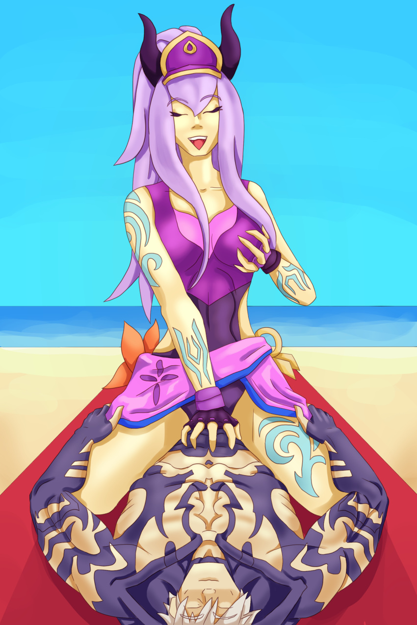 1boy 1girls beach breast_grab cowgirl_position happy_sex league_of_legends noslenavan_(artist) pool_party_series pool_party_syndra riding straight syndra zed