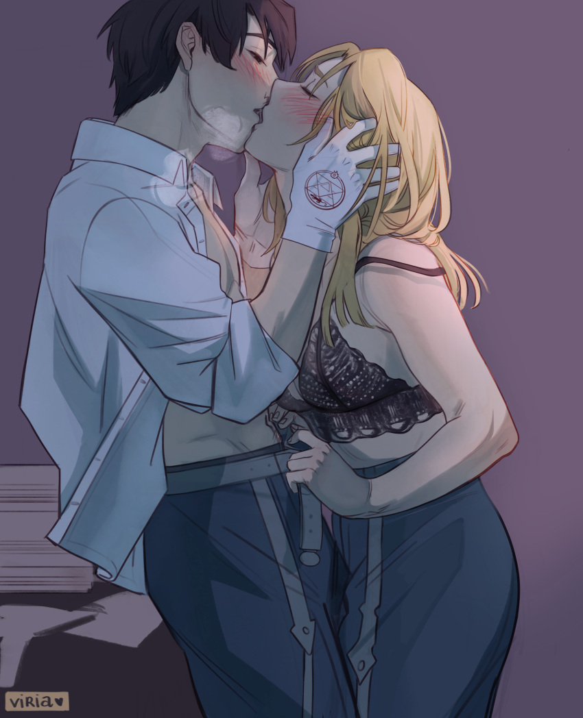 black_bra black_hair blonde_hair blush couple female fullmetal_alchemist gloves kissing male open_shirt riza_hawkeye romantic roy_mustang straight undressing_another viria13 wholesome