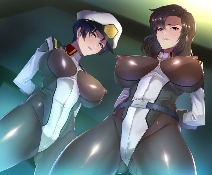 2girls arms_behind_back blue_hair bodysuit brown_hair captured erect_nipples female female_only gundam gundam_seed harunori_oogami hat military_uniform murrue_ramius natarle_badgiruel nipples peaked_cap skin_tight uniform