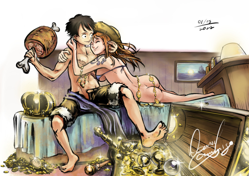 1boy 1girls after_sex ass barefoot bed big_ass big_breasts bikini bikini_top bikini_top_only black_hair bottomless bottomless_female breasts coins couple crown cuddling curvy_female danielcmarg dat_ass embrace female functionally_nude_female gold_(metal) jewelry long_hair male meat monkey_d_luffy muscular_male nami one_piece open_shorts orange_hair painting picture_on_wall pirate post-timeskip romantic sash scar short_hair shorts shoulder_tattoo sideboob sitting sketch slim_waist smile straw_hat sword sword_hilt tattoo topless_male treasure treasure_chest waist_chain wholesome