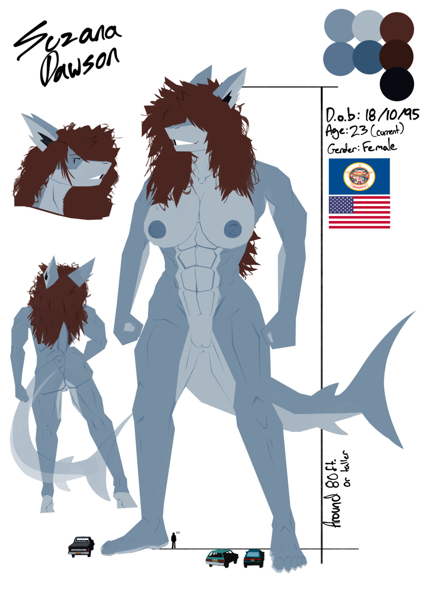 2019 5_toes abs absurd_res anthro apron55 areola ass biped brown_hair car color_swatch comparing digital_media_(artwork) english_text feet female fish flag flat_colors front_view full-length_portrait genitals grey_areola grey_body grey_nipples grey_skin grin hair hair_over_eyes hand_on_hip hi_res humanoid_feet lineless macro marine minnesota minnesota_flag model_sheet muscular muscular_anthro muscular_female nipples nude portrait pussy rear_view shark simple_background smile solo standing stars_and_stripes suzana_dawson text toes united_states_of_america vehicle white_background