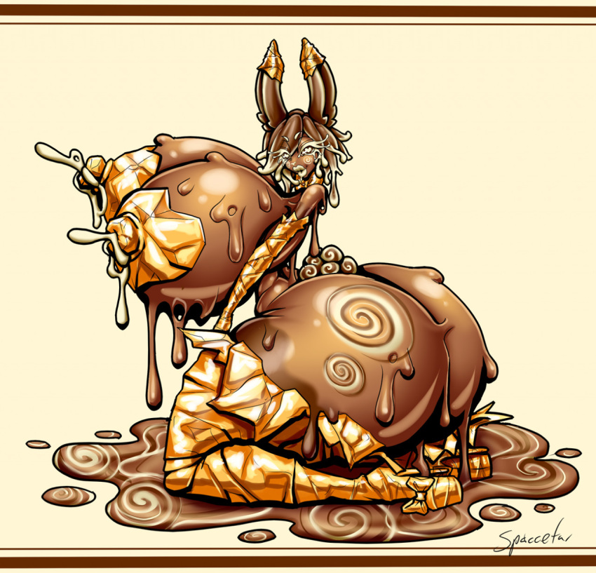 1girls ass big_butt big_nipples bodily_fluids breast_milking brown_background brown_hair candy chocolate chocolate_bunny dessert digital_drawing_(artwork) digital_media_(artwork) eyebrows female female_only foil food food_creature gold_armwear gold_clothing gold_legwear gold_nipples gold_shoes hair heart heart-shaped_pupils heart_nipples hi_res high_heels humanoid lactating lagomorph leporid lilith_art lips looking_at_viewer mammal melting milk_leaking mostly_nude nipples original original_character picture_frame puddle rabbit signature simple_background solo spiral thick_thighs white_background white_eyebrows white_eyes white_hair white_lips white_nose