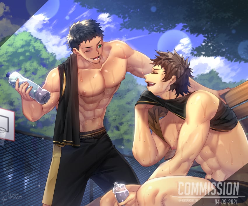 abs absurdres black_hair brown_hair commission gasp highres kurohitsuji_lim male male_only muscular nipples original sweat water