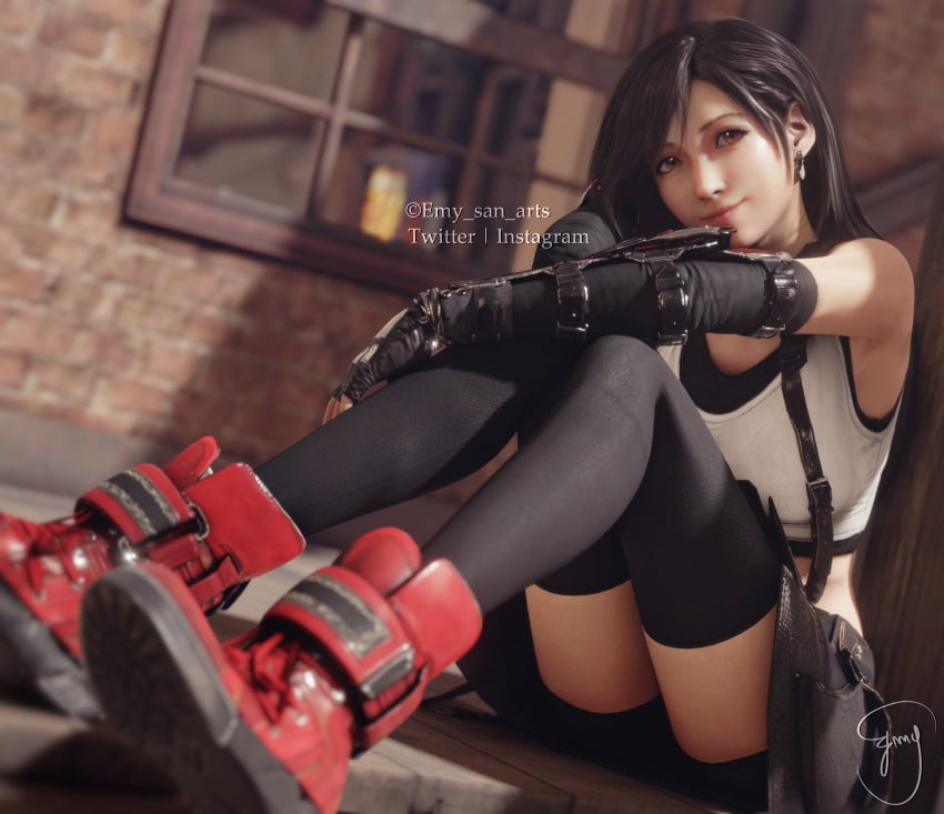 1girls 3d cute emy-san female female_only final_fantasy final_fantasy_vii final_fantasy_vii_remake panties red_eyes solo thick_thighs thighhighs thighs tifa_lockhart upskirt wholesome