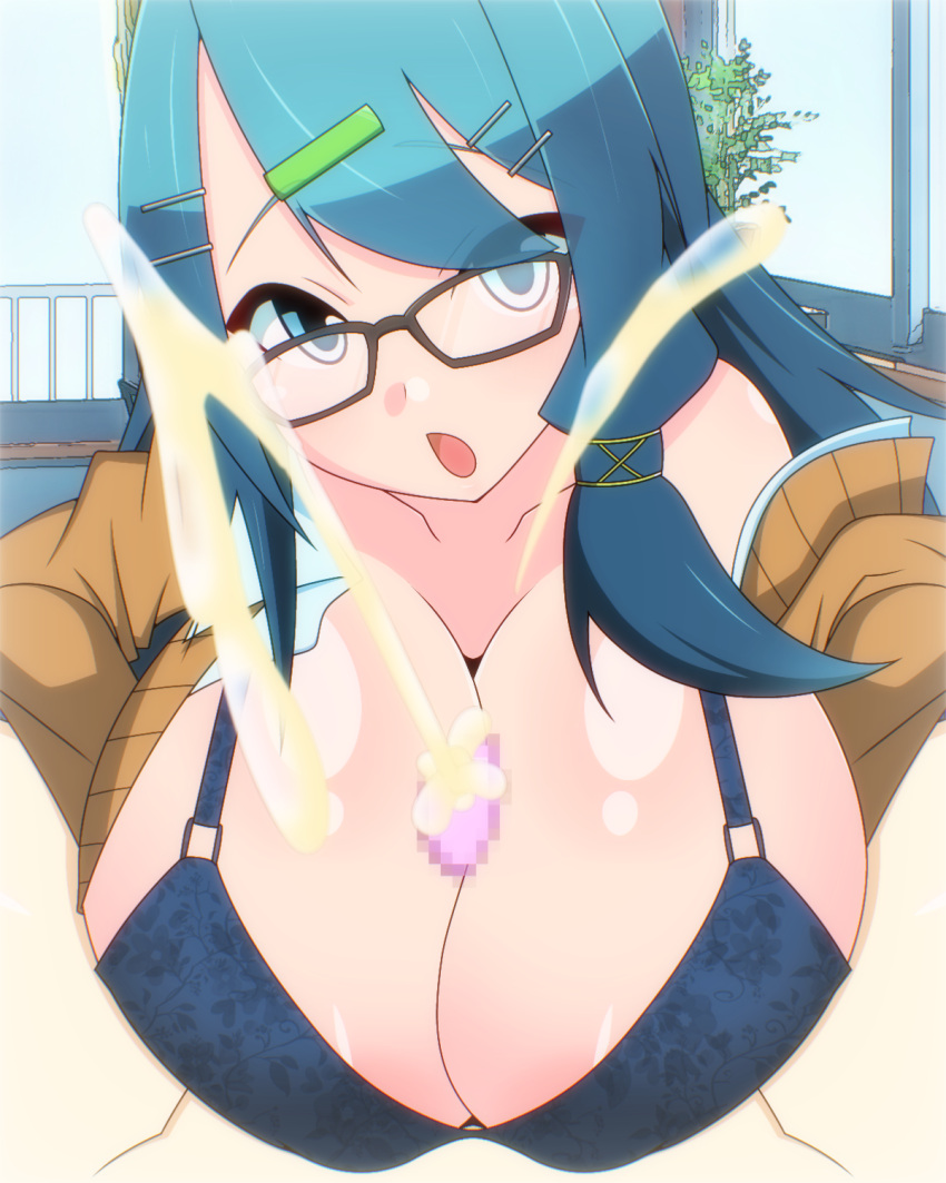 1boy 1girls alternate_breast_size aoi_itsuki big_breasts blue_eyes blue_hair bra breasts censored cleavage cum cum_between_breasts cumshot ejaculation ejaculation_between_breasts female female_focus fire_emblem glasses hands-free_paizuri huge_breasts large_breasts light-skinned_female light-skinned_male light_skin long_hair looking_at_viewer male male_pov mosaic_censoring nintendo off_shoulder open_clothes open_mouth oribe_tsubasa paizuri paizuri_lead_by_female paizuri_on_lap pov projectile_cum solo_focus straight tokyo_mirage_sessions_#fe underwear yamiotikong_(isha_gorira)