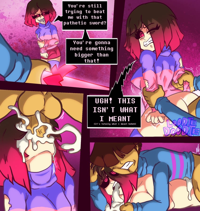 1boy 1girls ambiguous_penetration bete_noire black_sclera blowjob brown_hair clothing comic cum cum_in_mouth cum_inside deep_penetration deepthroat dialogue domination english_text fellatio female frisk glitchtale instant_loss_2koma light-skinned_female loodie_doodie male male_penetrating_female mind_break oral oral_sex penetration pink_eyes pink_hair secretly_loves_it straight sword_swallowing_position text throat_bulge undertale undertale_(series) undertale_au undertale_fanfiction