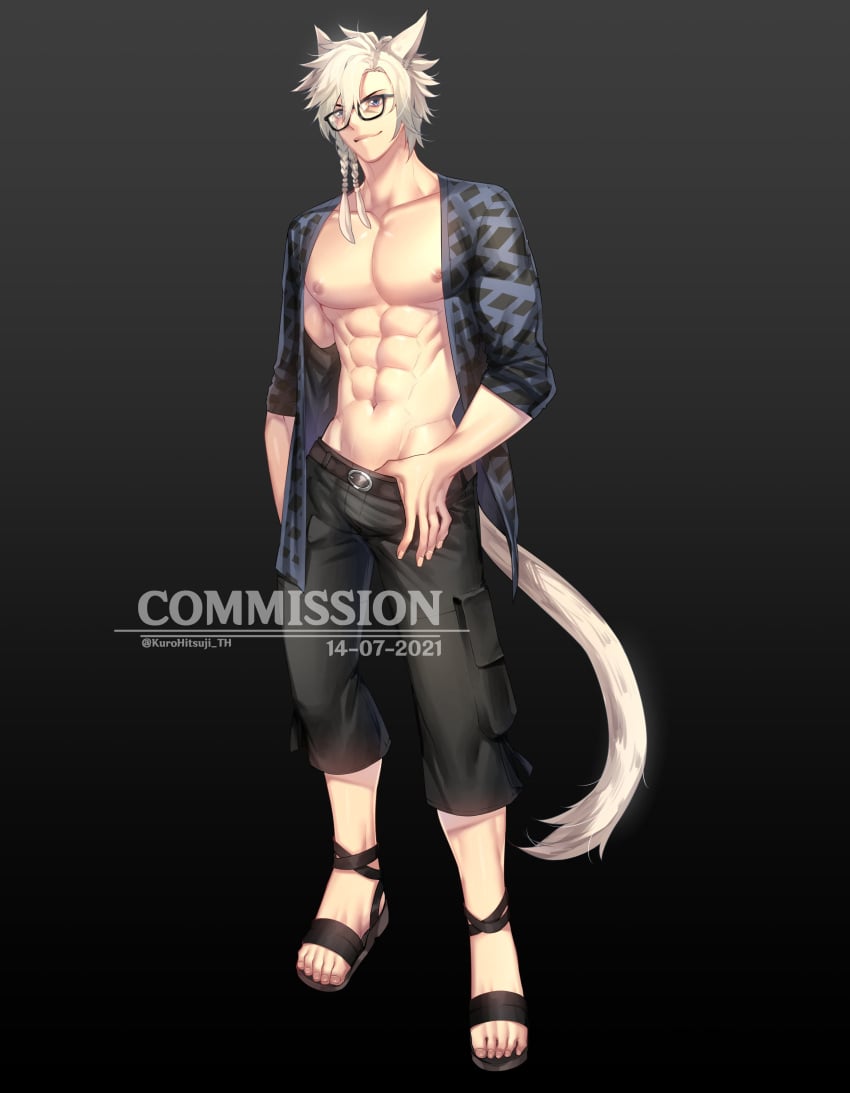 1boy abs absurdres animal_ears cat_ears commission final_fantasy final_fantasy_xiv glasses highres kurohitsuji_lim looking_at_viewer male male_only miqo'te muscular muscular_male nipples open_clothes open_shirt solo