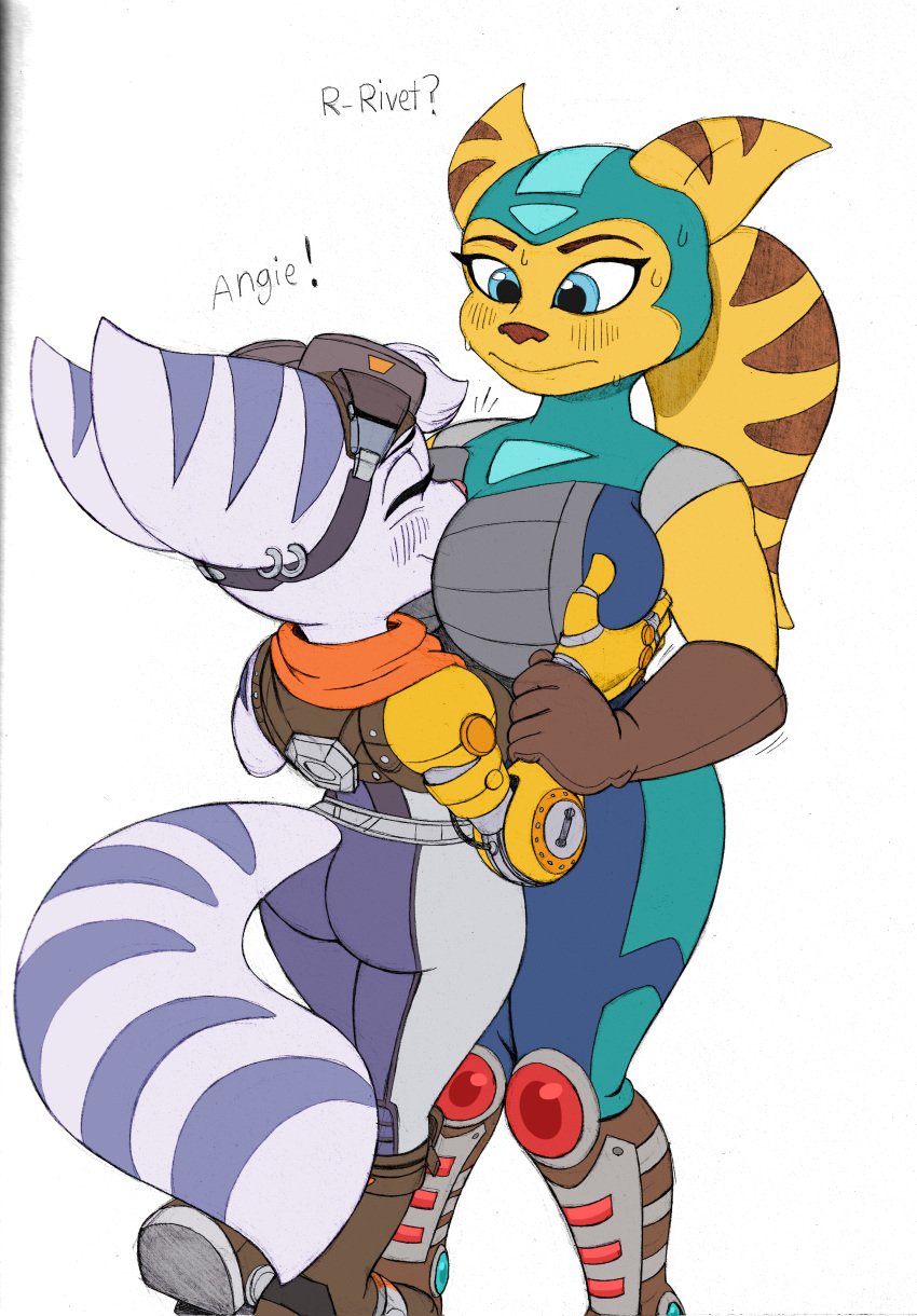 2girls alien_girl angela_cross anthro arched_back ass big_breasts blue_eyes blue_fur blush boots breast_grab breast_squeeze breasts butt clothing color curvaceous curvy curvy_figure doodle english_text face_between_breasts feline female female_only fondling fur furry gloves hips jumpsuit lombax_(ratchet_and_clank) omegasunburst ponytail ratchet_and_clank rivet_(ratchet_and_clank) robotic_arm scarf sketch stripes sweat text thick thick_thighs thighs voluptuous wide_hips yellow_fur yuri