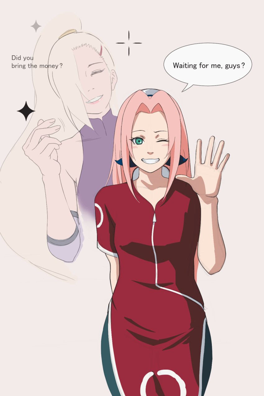 2girls before_sex blonde_hair body_control body_swap canon_body_swap english_text female female_only fully_clothed green_eyes hair_over_one_eye human hypnosis ino_yamanaka mind_control multiple_girls naruto naruto_(classic) naruto_(series) one_eye_closed pink_hair roro sakura_haruno solo_focus speech_bubble talking talking_to_viewer text waving waving_at_viewer wink zoom_layer