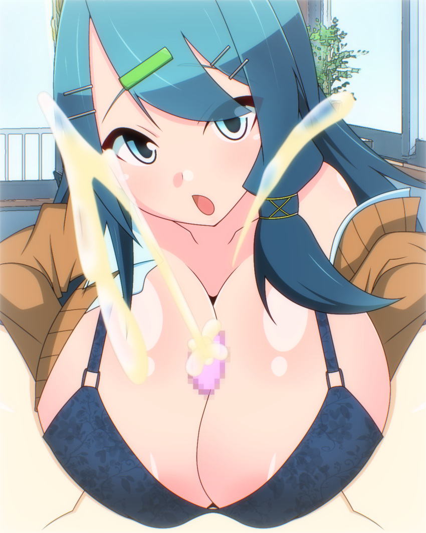 1boy 1girls alternate_breast_size aoi_itsuki big_breasts blue_eyes blue_hair bra breasts censored cleavage cum cum_between_breasts cumshot ejaculation ejaculation_between_breasts female female_focus fire_emblem hands-free_paizuri huge_breasts large_breasts light-skinned_female light-skinned_male light_skin long_hair looking_at_viewer male male_pov mosaic_censoring nintendo off_shoulder open_clothes open_mouth oribe_tsubasa paizuri paizuri_lead_by_female paizuri_on_lap pov projectile_cum solo_focus straight tokyo_mirage_sessions_#fe underwear yamiotikong_(isha_gorira)