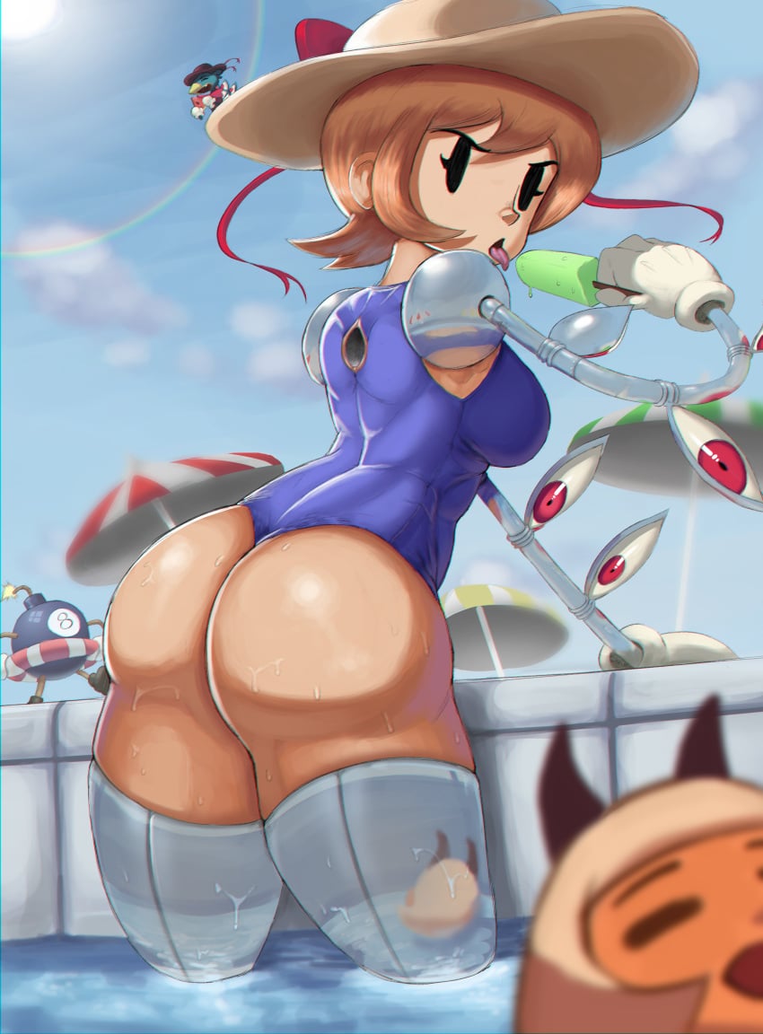 2girls aged_up angry ass big_ass big_butt breasts butt eye_contact female female_only hat looking_at_viewer mob_face nadia_fortune orange_hair peacock_(skullgirls) short_hair sideboob skullgirls swimsuit thick_thighs thighs tillshitposting