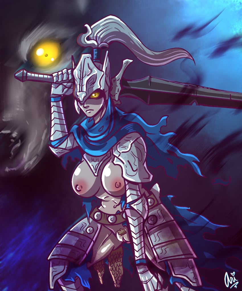 armor artorias_the_abysswalker big_breasts breasts_out cape dark_souls female female_knight female_only fromsoftware functionally_nude genderswap_(mtf) glowing_eyes great_grey_wolf_sif helmet knight ladywitchfox looking_at_viewer no_bra no_panties pubic_hair pussy rule_63 solo sword uncensored weapon