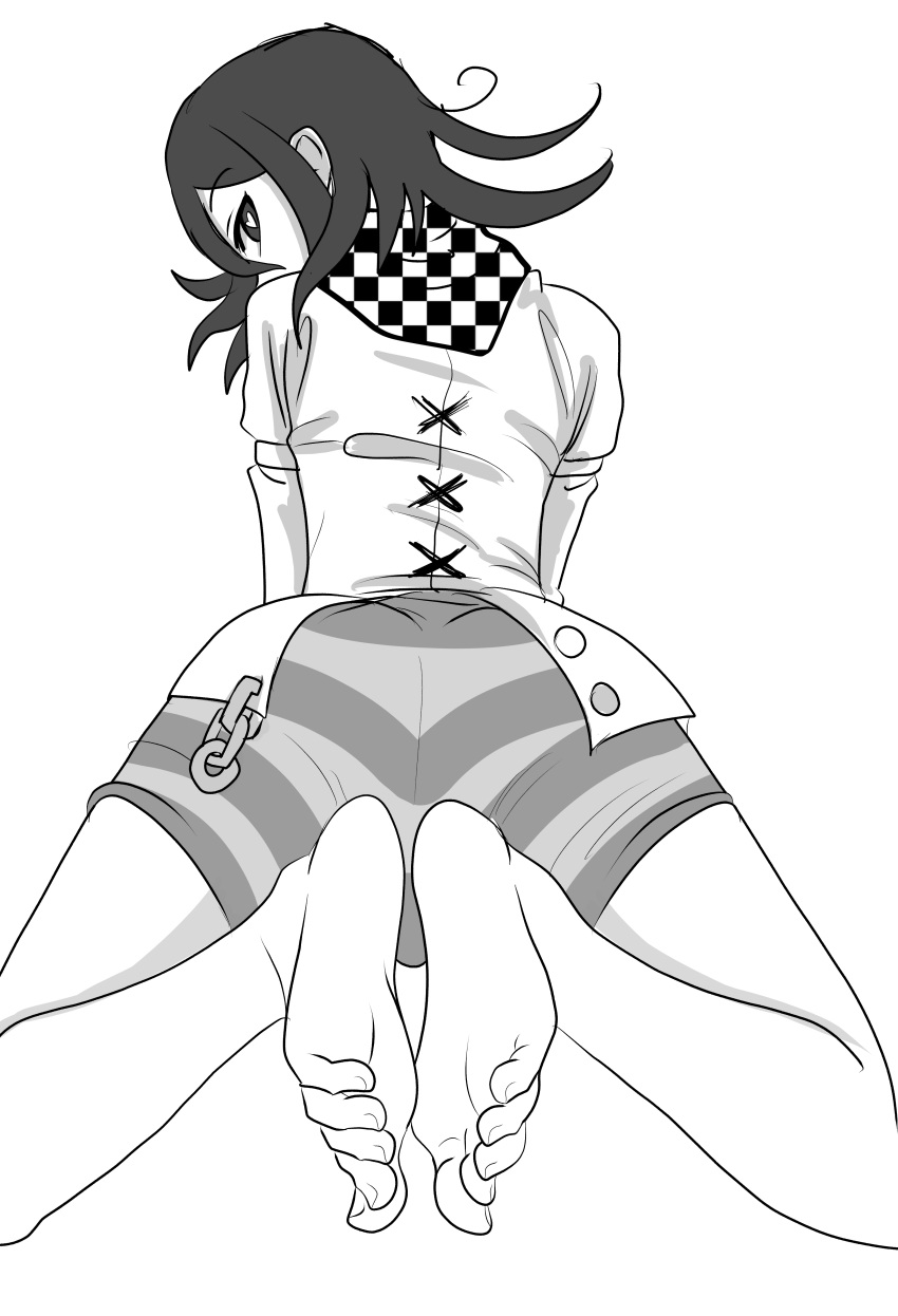 1boy ass back back_view boxers danganronpa danganronpa_v3 disruptiva feet femboy heart-shaped_pupils looking_at_viewer looking_back male male_only medium_hair monochrome ouma_kokichi solo straight_hair