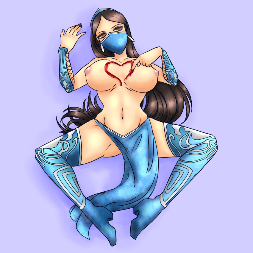 2d big_breasts black_hair blood blood_heart blood_on_breasts blood_stain blue_clothing blue_mask breasts brown_eyes drawing_on_body female female_only half_naked heart kitana kitana_(mk9) looking_at_viewer lying mortal_kombat mortal_kombat_(2011) netherrealm_studios princess