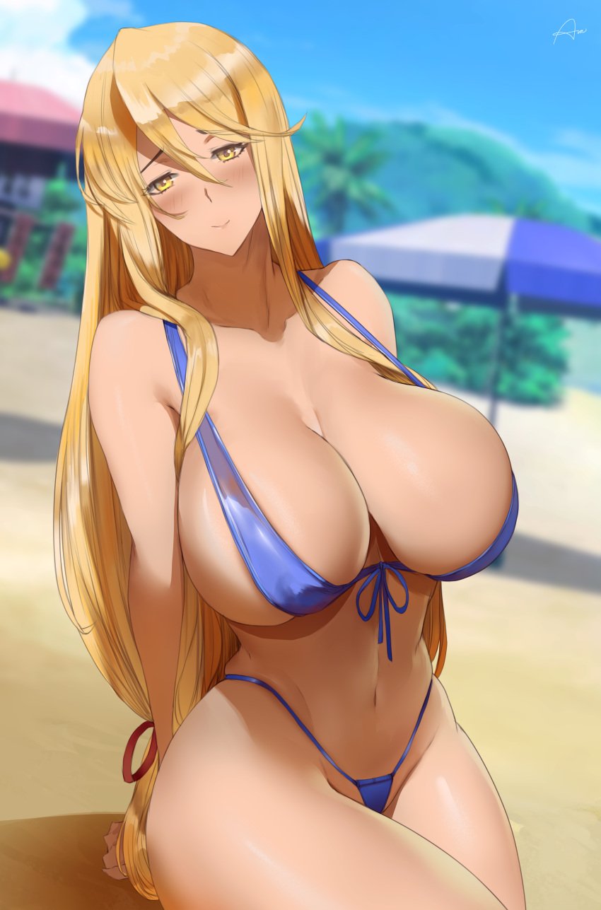 1girls 2022 araneesama beach bikini blonde_hair blue_bikini blurry_background breasts cutesexyrobutts_(style) daytime female female_only gold_eyes hi_res highschool_of_the_dead hips huge_breasts long_hair looking_at_viewer massive_breasts outdoors shizuka_marikawa slim_waist smile thick_thighs thighs wide_hips