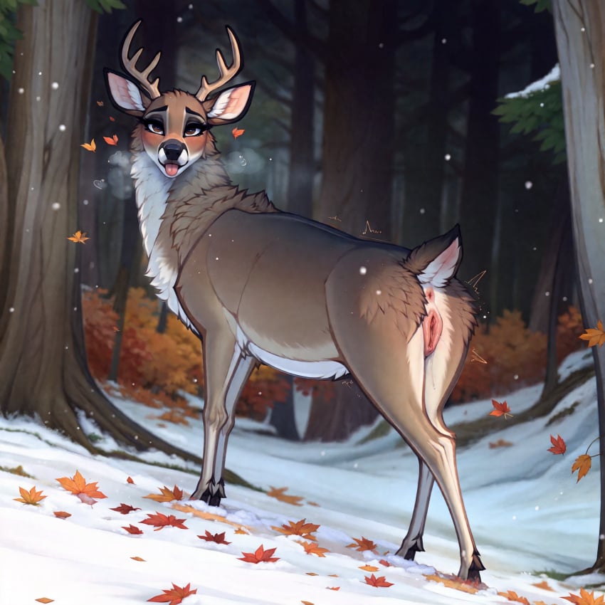 1:1 ai_generated antlers anus autumn_leaves belly brown_body brown_eyes brown_fur capreoline cervid colored detailed detailed_background female feral fur genitals hi_res horn lungfish1223 mammal presenting pussy raised_tail snow solo tongue tongue_out white-tailed_deer white_belly