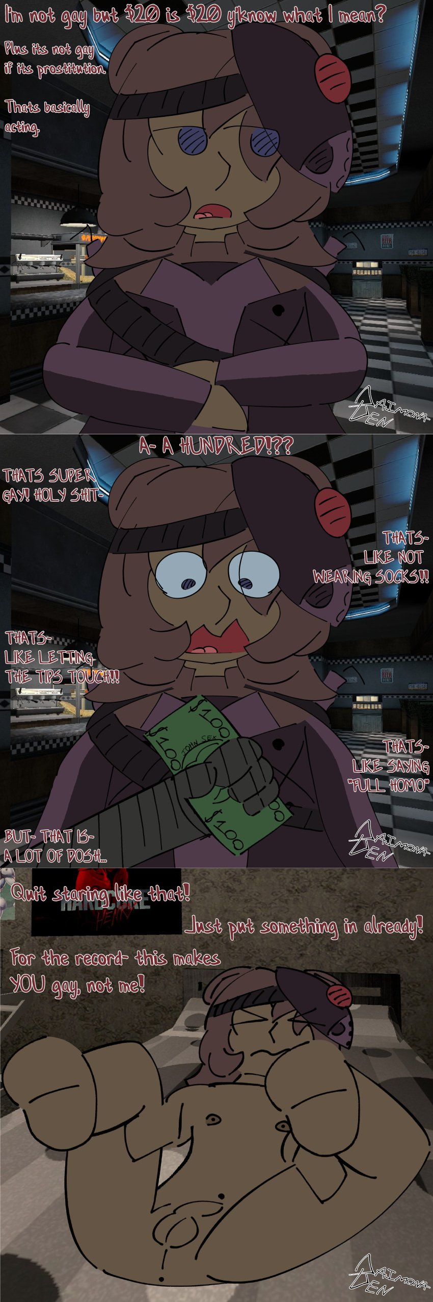 bedroom black_skin blue_eyes closed_eyes cock comic daimonaden dark-skinned_male dark_skin dialogue dollar_bills femboy girly legs_up lewd_mouse male mask_on_head money offering_money on_back original_character penis presenting prostitution purple_hair solo_focus text