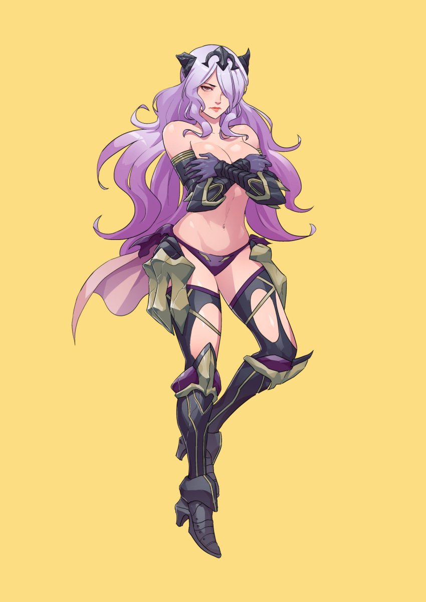 1girls absurdres annoyed armor bad_id bad_pixiv_id breasts broken_armor camilla_(fire_emblem) cirenk commission covering_breasts covering_privates elbow_gloves female female female_only fire_emblem fire_emblem_fates full_body gloves greaves hair_over_one_eye high_heels highres large_breasts long_hair looking_at_viewer navel nintendo panties photoshop_(medium) purple_gloves purple_hair solo stomach tiara topless torn_clothes torn_legwear underwear very_long_hair wavy_hair yellow_background