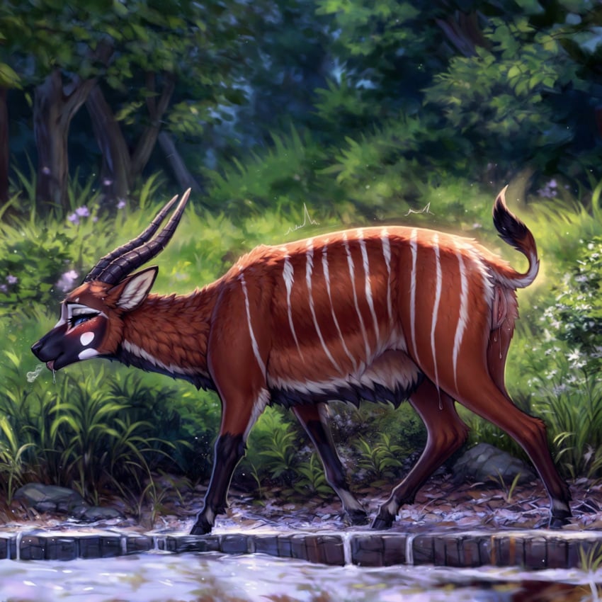 1:1 ai_generated antelope antelope_horn blue_eyes bongo_(antelope) bovid bovid_horn bovine brown_body brown_fur colored detailed detailed_background female feral fur genitals hi_res horn lungfish1223 mammal presenting pussy raised_tail solo spiral-horned_antelope striped_body striped_fur stripes tongue tongue_out white_stripes zoophilia