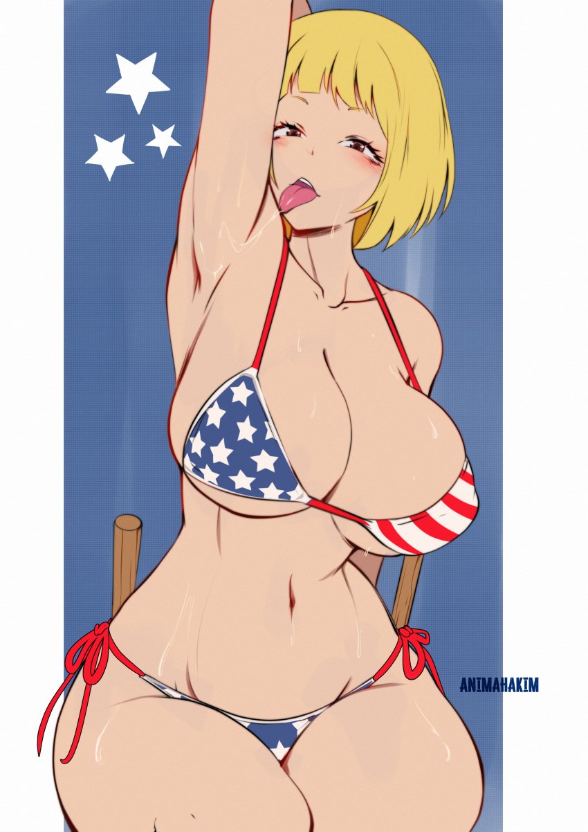 absurdres american_flag_bikini animahakim arm_up armpit_licking armpits artist_name bangs bikini blonde_hair blush breasts brown_eyes curvy female flag_print haikyuu!! highres large_breasts licking looking_at_viewer open_mouth presenting_armpit saliva saliva_trail short_hair side-tie_bikini sitting solo string_bikini sweat swimsuit tanaka_saeko_(haikyuu!!) tongue tongue_out