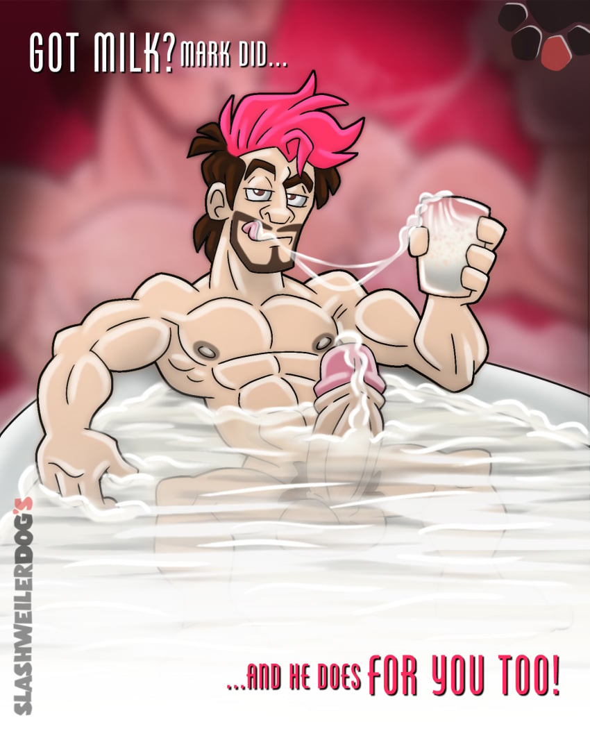 1boy balls big_penis colored_hair cum cum_bath cum_drip cum_dripping_from_penis drinking_cum english_text erect_penis erection gay light-skinned_male male male_only markiplier penis slashweilerdog solo text toony