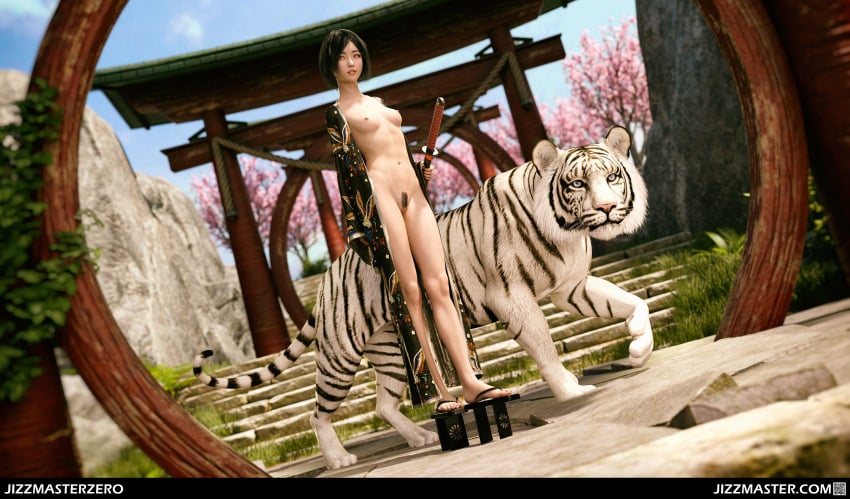 1girls 3d_(artwork) animal asian asian_female breasts cherry_blossoms clouds collarbone daz_studio feet female female_pubic_hair footwear groin hips holding_weapon human japanese_clothing jizzmasterzero landing_strip legs light-skinned_female light_skin looking_to_the_side navel nipples nude_female open_clothes outside platform_sandals pubic_hair pussy rock sky slim small_breasts snow_leopard stairs standing tiger toes trees weapon zoophilia