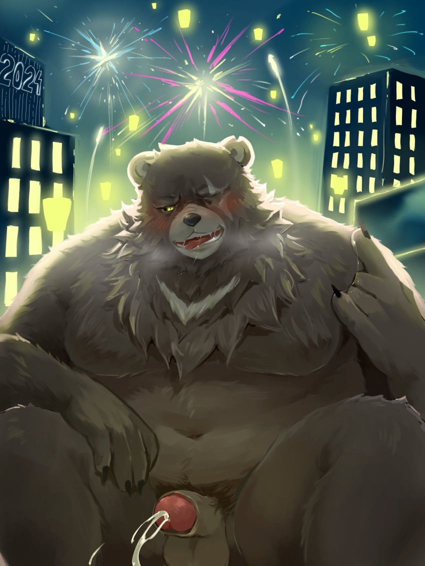 2024 anthro balls bear belly ben_(zenless_zone_zero) ben_bigger big_belly bodily_fluids colaoaoiacquy cum detailed_background ejaculation fireworks genital_fluids genitals hi_res humanoid_hands kemono male male_only mammal mihoyo moobs navel night outside overweight overweight_male penis scar solo zenless_zone_zero