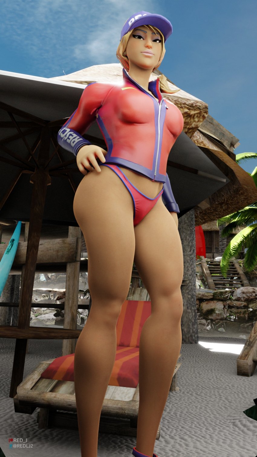 1girls 3d beach beach_chair blender_(software) brown_hair cap female fortnite fortnite:_battle_royale high_resolution red-j red_lj sun_strider umbrella yellow_hair