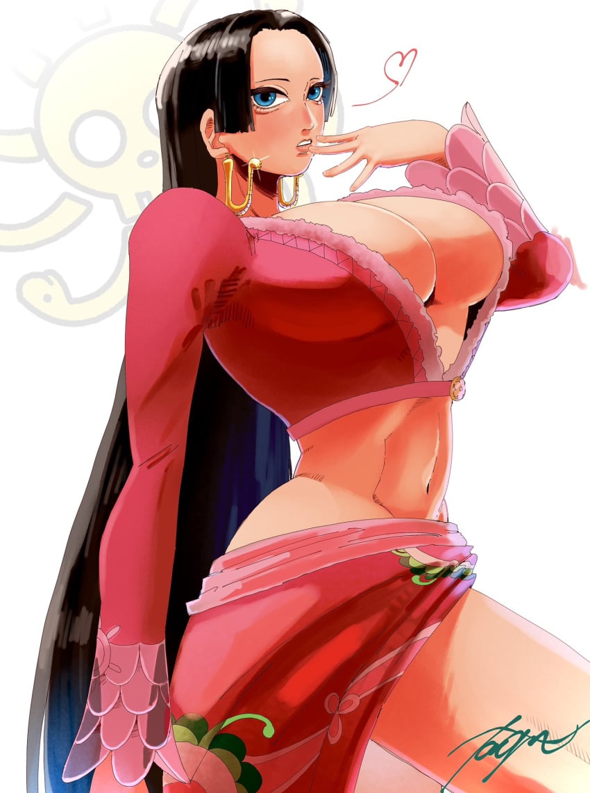 1girls bare_legs bare_thighs big_breasts black_hair blue_eyes blush boa_hancock clothed clothing color female female_focus female_only hi_res inner_sideboob jewelry large_breasts light-skinned_female light_skin long_hair looking_at_viewer no_bra one_piece shounen_jump solo solo_female tagme taoru thick_thighs