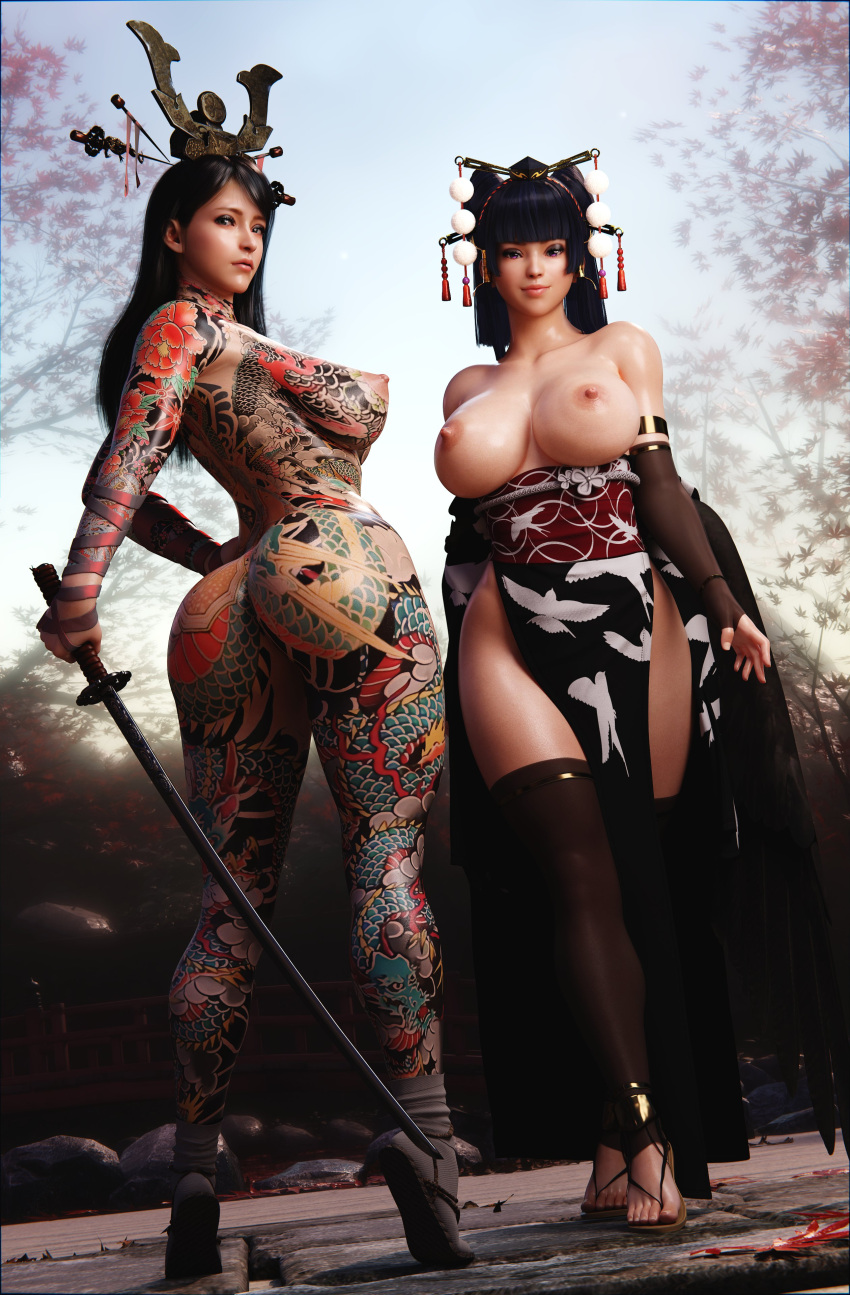 2girls 3d black_hair dead_or_alive full_body_tattoo irezumi kasumi_boy39 kiku_(skyarsenic) kimono long_hair looking_at_viewer multiple_girls naked_footwear nipples nyotengu skyarsenic tattoo tattoos tits_out