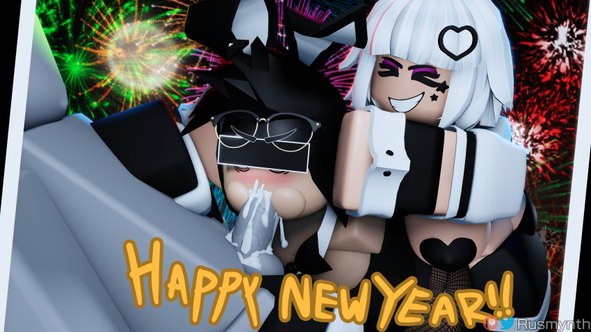 1boy 2girls 3d assisted_fellatio balls black_hair breasts bunny_ears bunny_girl bunnysuit censored_eyes closed_eyes cum cum_in_mouth cum_inside cumming english_text eyeshadow fireworks glasses iris_(rusmynth) new_year original_character pasties patreon_username penis roblox robloxian rusmynth smile surprised sylvia_(rusmynth) tagme text twitter_username watermark white_hair