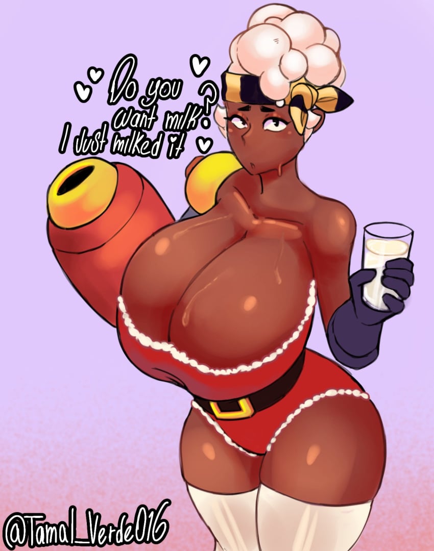 big_breasts big_thighs brawl_stars christmas_outfit dark-skinned_female looking_at_viewer maisie_(brawl_stars) milk talking_to_viewer tamalito thick_thighs white_hair