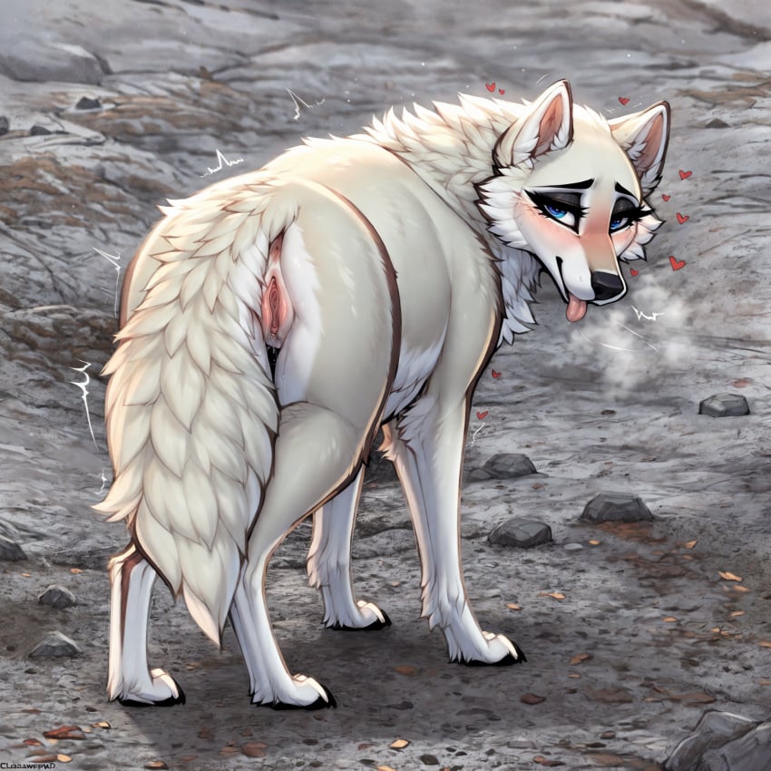 1:1 ai_generated anus arctic_wolf blue_eyes canid canine canis colored detailed detailed_background female feral feral_only fur genitals hi_res lungfish1223 mammal presenting pussy solo solo_feral tongue tongue_out white_body white_fur wolf