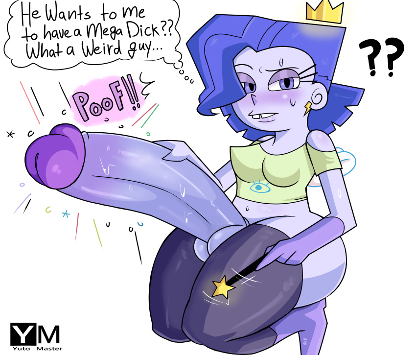 2022 balls big_penis blue_hair blush bottomless brandy-lynn clothed clothing crown dickgirl erect_penis fairy futa_only futanari huge_cock hyper hyper_penis looking_at_viewer nickelodeon partially_clothed penis penis_grab solo solo_female straight_hair text text_focus the_fairly_oddparents white_background wish yutomaster