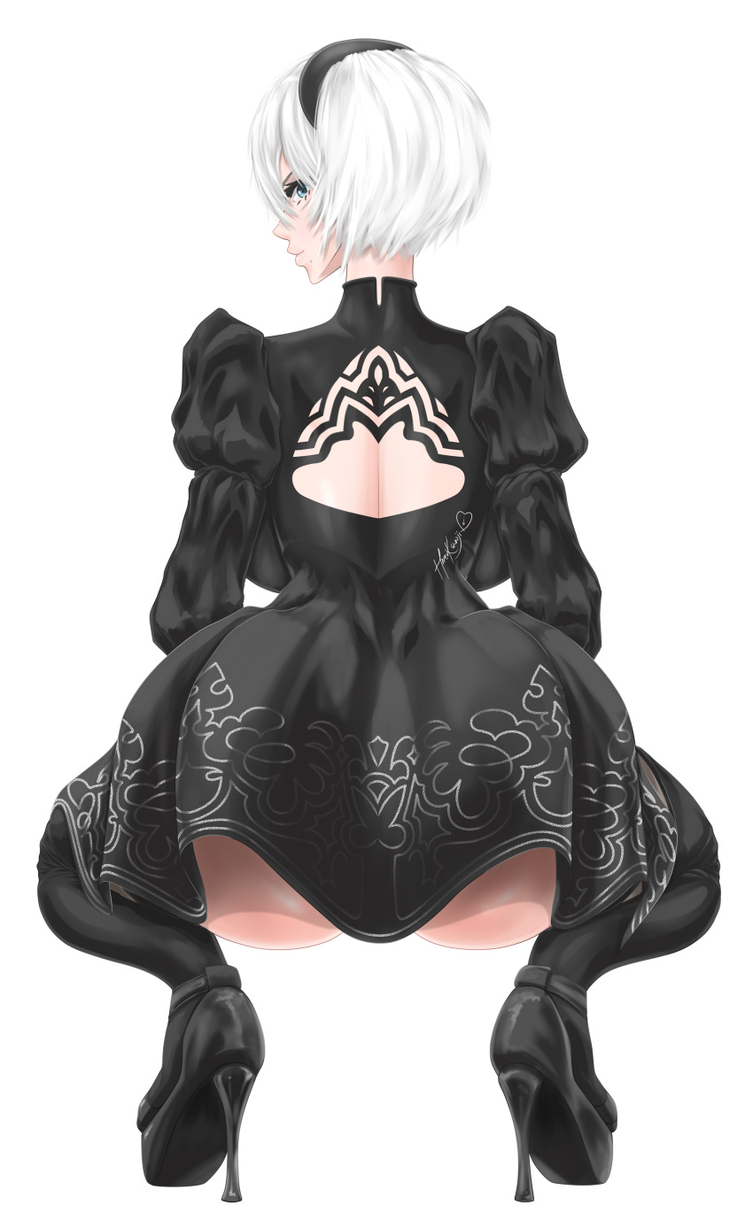 2d_(artwork) big_ass big_breasts big_butt breasts crouched female harukennji looking_back nier nier:_automata