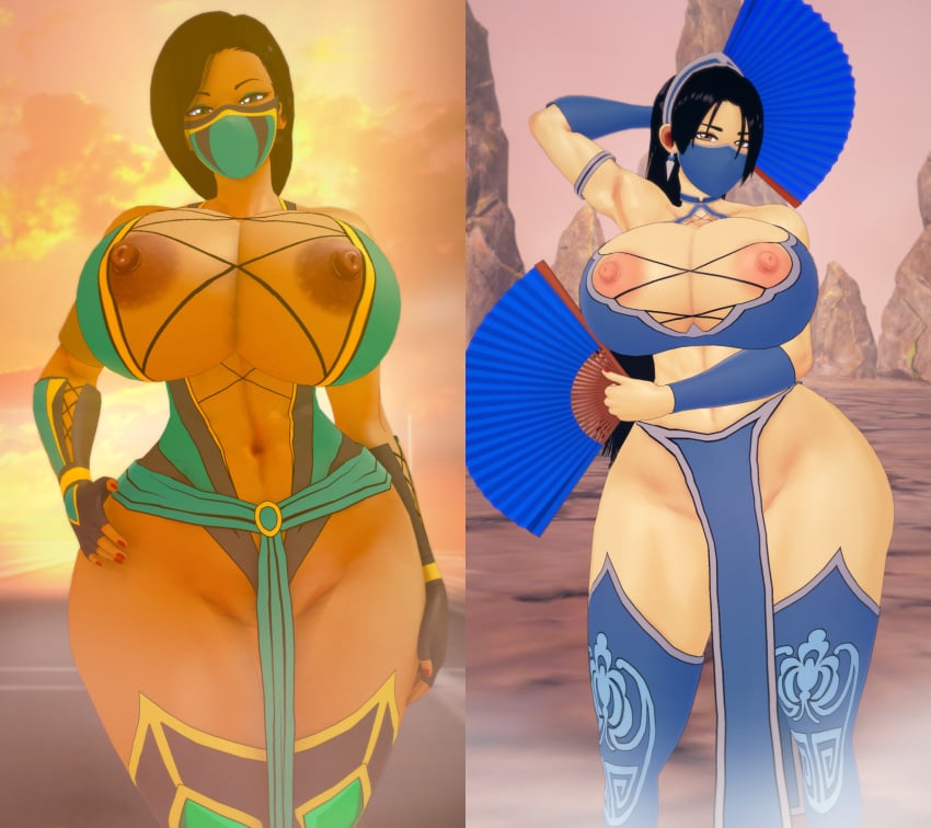 2girls 3d ass athletic_female breasts dat_ass huge_ass huge_breasts jade_(mk9) jade_(mortal_kombat) kaoskatsu kitana kitana_(mk9) mortal_kombat mortal_kombat_(2011) ninja nipples revealing_clothes wide_hips