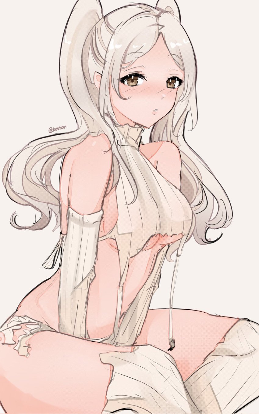 1girls female fire_emblem fire_emblem_awakening long_hair nintendo robin_(fire_emblem) robin_(fire_emblem)_(female) serafineart1001 sweater thick_thighs twintails underboob virgin_destroyer_sweater white_hair