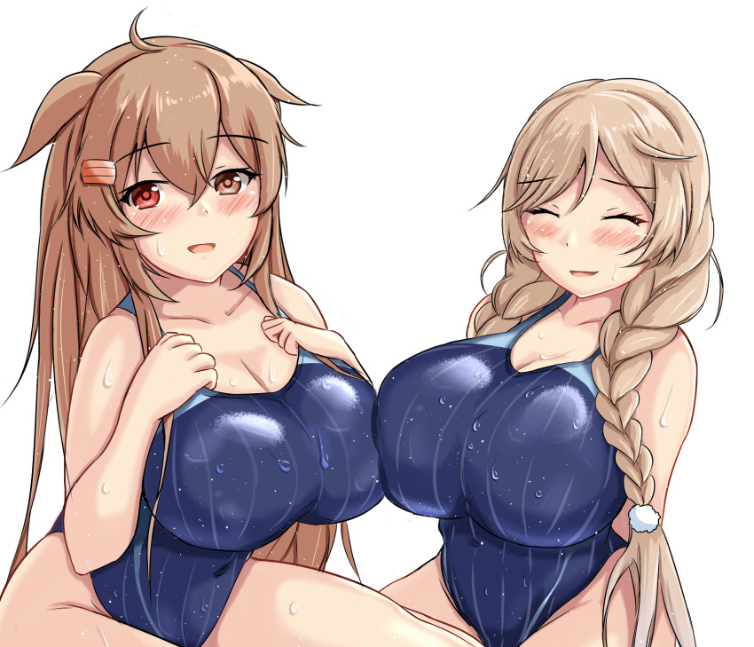 2girls alternate_costume bare_shoulders blue_swimsuit braid breasts brown_eyes brown_hair cleavage cloud_hair_ornament competition_school_swimsuit competition_swimsuit covered_navel hair_flaps highres huge_breasts kantai_collection light-skinned_female light_brown_hair light_skin long_hair looking_at_viewer minegumo_(kantai_collection) montemasa multiple_girls murasame_(kantai_collection) one-piece_swimsuit red_eyes simple_background swimsuit twin_braids two_side_up wet wet_clothes wet_hair wet_swimsuit white_background