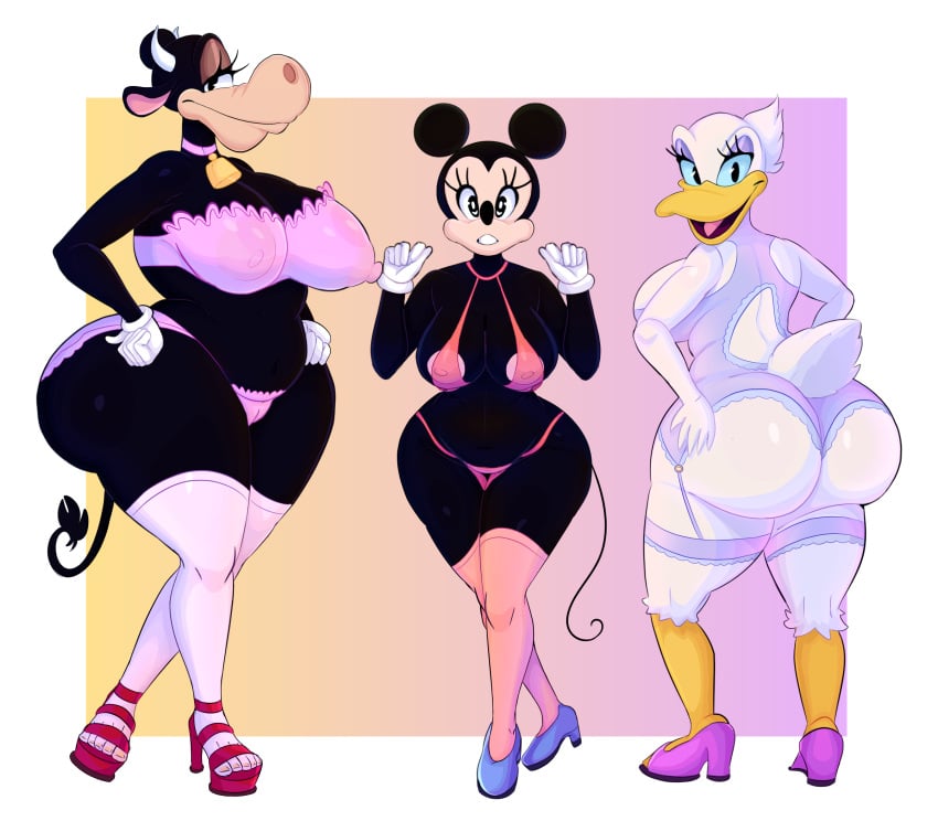 anatid anseriform anthro anthro_only ass avian bedroom_eyes big_breasts big_butt bird boolishclara bovid bovine bra breasts cattle clarabelle_cow clothing daisy_duck disney duck female footwear hi_res high_heels legwear lingerie mammal minnie_mouse mouse murid murine narrowed_eyes panties pose rodent seductive stockings thick_thighs underwear