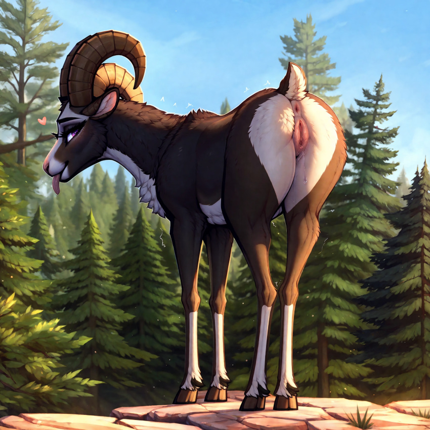 1:1 ai_generated anus belly bighorn_sheep bovid bovid_horn brown_body brown_fur caprine caprine_horn colored detailed detailed_background female feral fur genitals hi_res horn looking_at_viewer lungfish1223 mammal presenting purple_eyes pussy raised_tail ram_horn sheep solo tongue tongue_out white_belly