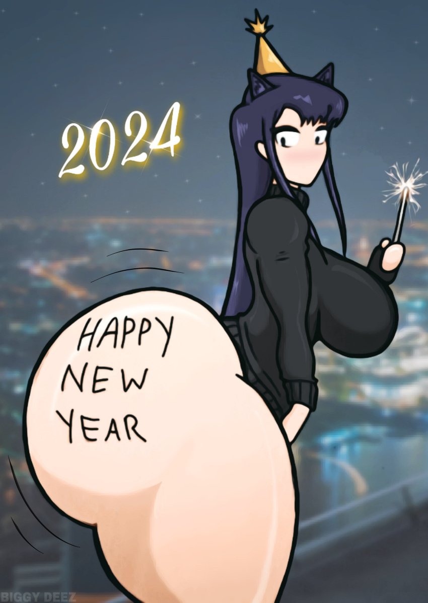 1girls 2024 ass ass_jiggle big_ass big_breasts biggy_deez black_hair body_writing bottom_heavy breasts bubble_butt clothing fat_ass female female_only huge_ass jiggling_ass komi-san_wa_komyushou_desu komi_shouko large_ass new_year shirt shouko_komi side_view skirt solo sparkler thick_ass thick_thighs thunder_thighs wide_hips